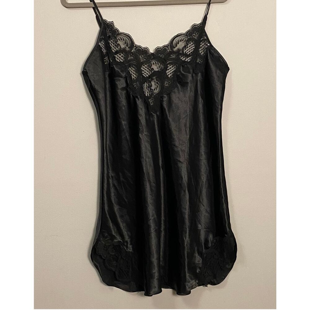Vintage Victoria Secret Large Slip Black Satin Lace Adjustable Straps Y2K